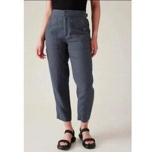 Athleta Voyager Linen Pants Size 12 Granite Blue Relaxed Fit Pockets Buckles